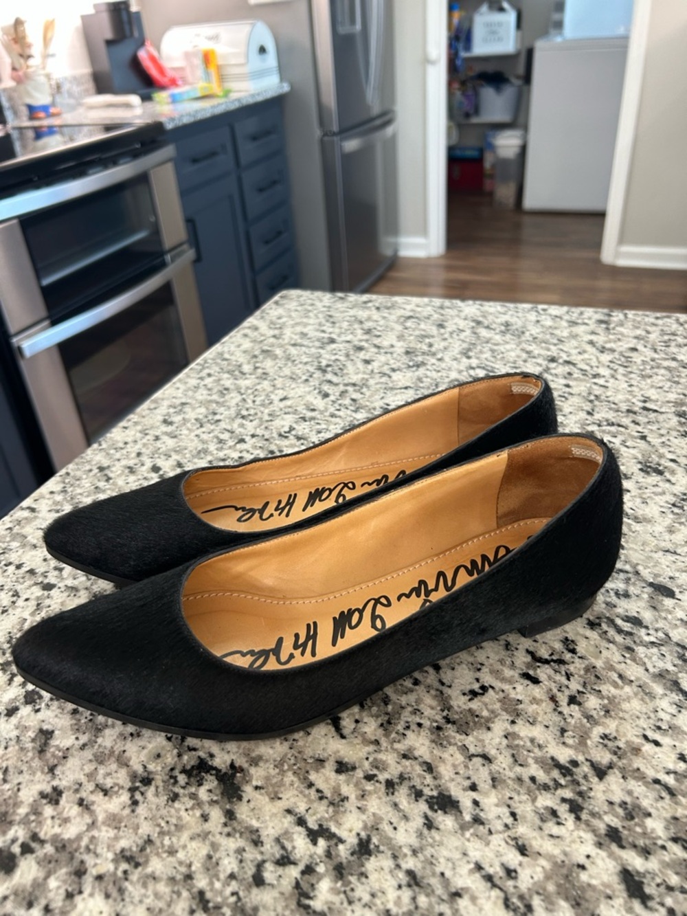 LANVIN Black Calf Hair Pointed Toe Flats Made in Italy Size 38 US 7.5